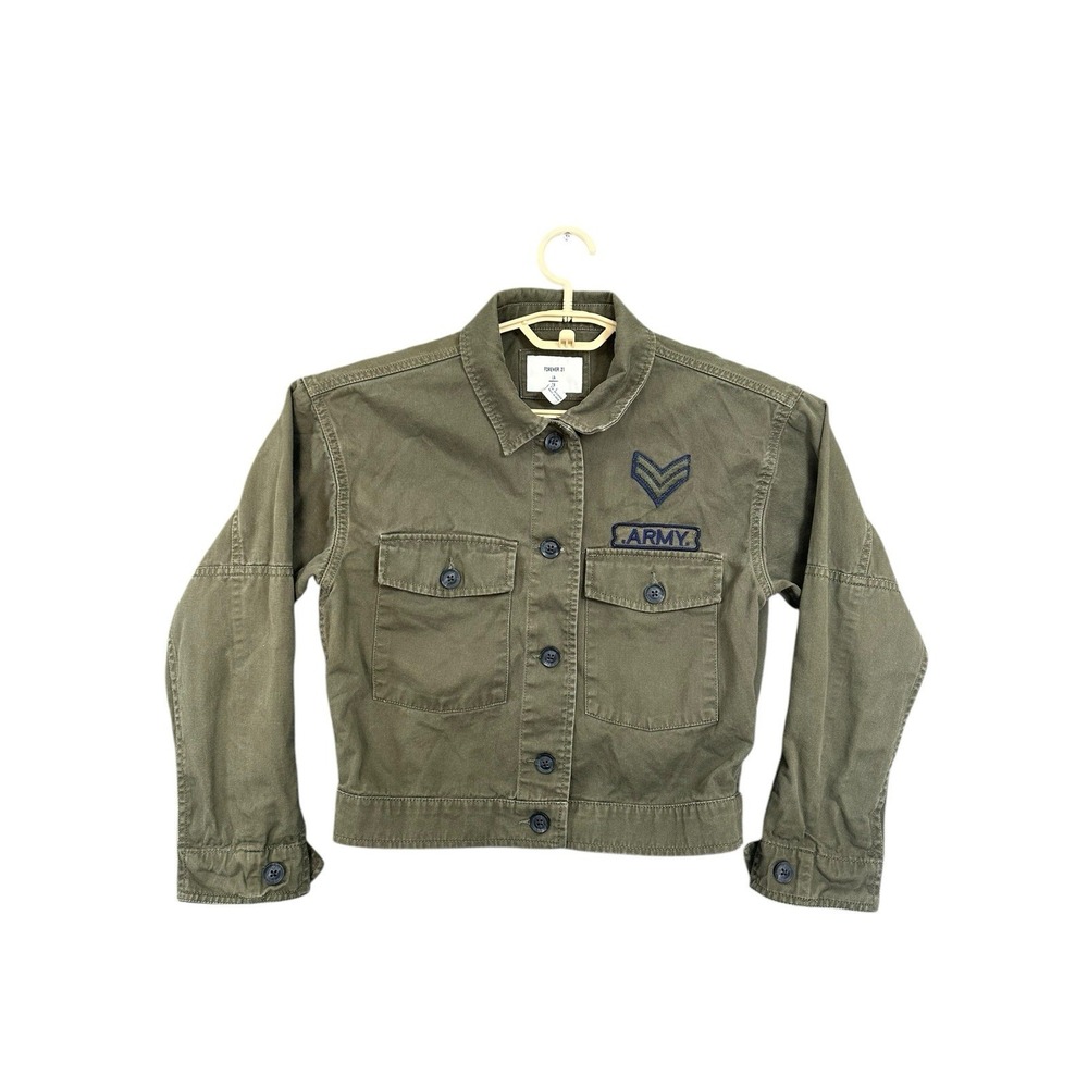 Forever 21 Button Long Sleeve Shirt Women's S Army Military Green Patches - Picture 2 of 7